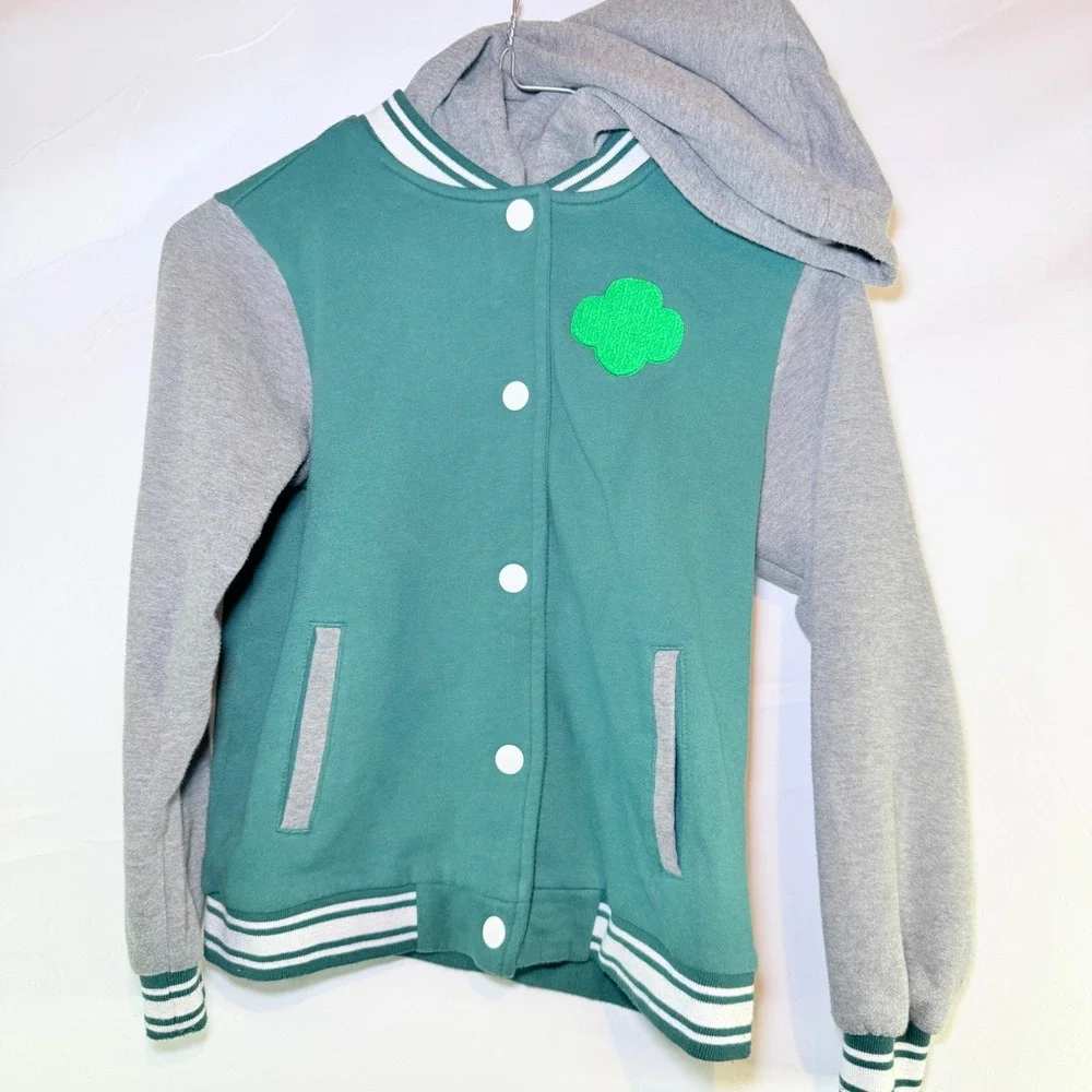 Girl Scouts Varsity‎ Hooded Jacket Green Grey Snap Front Girls Medium 10/12